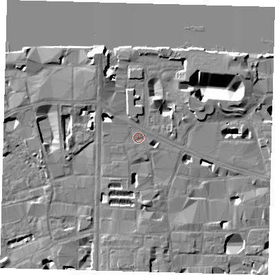 Shaded relief map of the ground around SE10UN, computed from Environment Agency LiDAR. The ground here sits at about 4 m above sea level and falls 14 m across the surrounding 800 m. Surface water reaching this point runs off ground lying to the north-west, 6.7 m higher.
