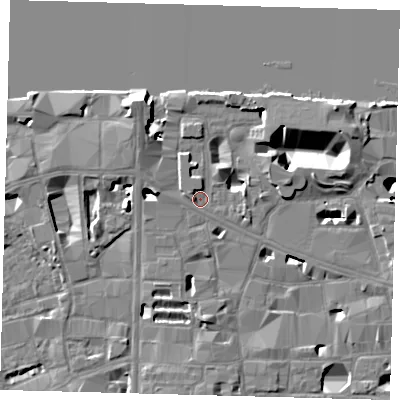 Shaded relief map of the ground around SE10UP, computed from Environment Agency LiDAR. The ground here sits at about 4 m above sea level and falls 16 m across the surrounding 800 m. Surface water reaching this point runs off ground lying to the north-west, 4.6 m higher.