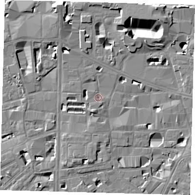 Shaded relief map of the ground around SE10UQ, computed from Environment Agency LiDAR. The ground here sits at about 4 m above sea level and falls 16 m across the surrounding 800 m. Surface water reaching this point runs off ground lying to the south-west, 2.8 m higher.