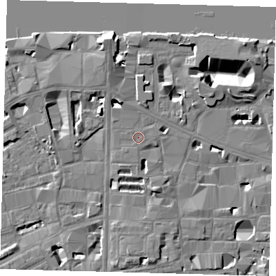 Shaded relief map of the ground around SE10UR, computed from Environment Agency LiDAR. The ground here sits at about 4 m above sea level and falls 14 m across the surrounding 800 m. Surface water reaching this point runs off ground lying to the south-west, 0.6 m higher.