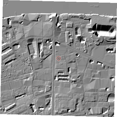 Shaded relief map of the ground around SE10UW, computed from Environment Agency LiDAR. The ground here sits at about 4 m above sea level and falls 14 m across the surrounding 800 m. Surface water reaching this point runs off ground lying to the south-south-east, 0.5 m higher.