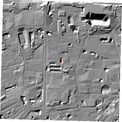 Shaded relief map of the ground around SE10UX, computed from Environment Agency LiDAR. The ground here sits at about 3 m above sea level and falls 14 m across the surrounding 800 m. Surface water reaching this point runs off ground lying to the west-south-west, 2.4 m higher.