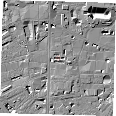 Shaded relief map of the ground around SE10XD, computed from Environment Agency LiDAR. The ground here sits at about 4 m above sea level and falls 13 m across the surrounding 800 m. Surface water reaching this point runs off ground lying to the east-south-east, 3.0 m higher.