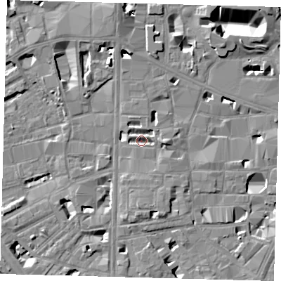 Shaded relief map of the ground around SE10XE, computed from Environment Agency LiDAR. The ground here sits at about 3 m above sea level and falls 13 m across the surrounding 800 m. Surface water reaching this point runs off ground lying to the east, 3.0 m higher.