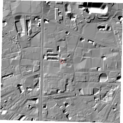 Shaded relief map of the ground around SE10XH, computed from Environment Agency LiDAR. The ground here sits at about 4 m above sea level and falls 14 m across the surrounding 800 m. Surface water reaching this point runs off ground lying to the north-east, 2.5 m higher.