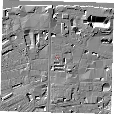 Shaded relief map of the ground around SE10XL, computed from Environment Agency LiDAR. The ground here sits at about 4 m above sea level and falls 14 m across the surrounding 800 m. Surface water reaching this point runs off ground lying to the south-south-west, 0.6 m higher.