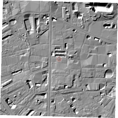 Shaded relief map of the ground around SE10XN, computed from Environment Agency LiDAR. The ground here sits at about 4 m above sea level and falls 12 m across the surrounding 800 m. Surface water reaching this point runs off ground lying to the east, 3.0 m higher.