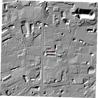 Shaded relief map of the ground around SE10XP, computed from Environment Agency LiDAR. The ground here sits at about 3 m above sea level and falls 14 m across the surrounding 800 m. Surface water reaching this point runs off ground lying to the east-south-east, 1.6 m higher.