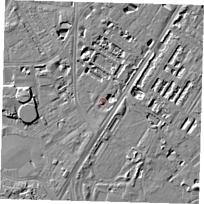 Shaded relief map of the ground around SE114AA, computed from Environment Agency LiDAR. The ground here sits at about 4 m above sea level and falls 9 m across the surrounding 800 m. Surface water reaching this point runs off ground lying to the south-south-west, 4.6 m higher.