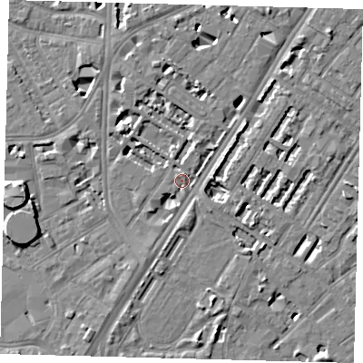 Shaded relief map of the ground around SE114AB, computed from Environment Agency LiDAR. The ground here sits at about 4 m above sea level and falls 9 m across the surrounding 800 m. Surface water reaching this point runs off ground lying to the south-south-west, 4.6 m higher.