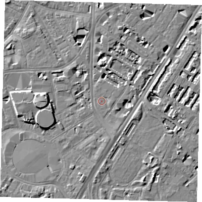 Shaded relief map of the ground around SE114AD, computed from Environment Agency LiDAR. The ground here sits at about 3 m above sea level and falls 9 m across the surrounding 800 m. Surface water reaching this point runs off ground lying to the south-south-west, 4.6 m higher.