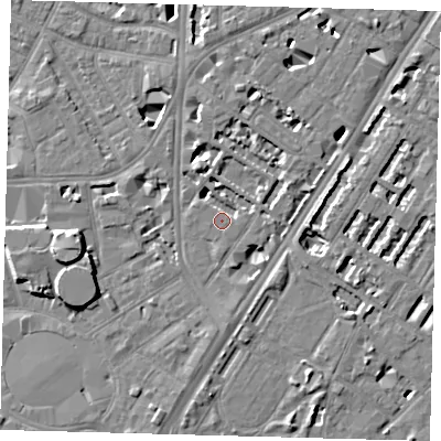 Shaded relief map of the ground around SE114AE, computed from Environment Agency LiDAR. The ground here sits at about 4 m above sea level and falls 9 m across the surrounding 800 m. Surface water reaching this point runs off ground lying to the north-north-east, 1.6 m higher.