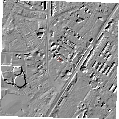 Shaded relief map of the ground around SE114AG, computed from Environment Agency LiDAR. The ground here sits at about 3 m above sea level and falls 9 m across the surrounding 800 m. Surface water reaching this point runs off ground lying to the north-north-east, 1.6 m higher.