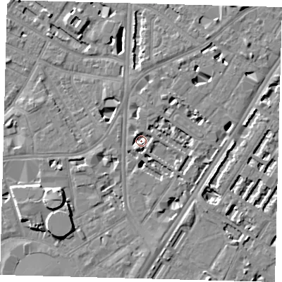 Shaded relief map of the ground around SE114AN, computed from Environment Agency LiDAR. The ground here sits at about 1 m above sea level and falls 8 m across the surrounding 800 m. Surface water reaching this point runs off ground lying to the south-south-west, 4.6 m higher.