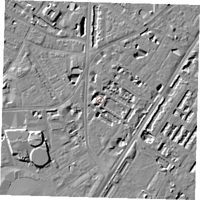 Shaded relief map of the ground around SE114AP, computed from Environment Agency LiDAR. The ground here sits at about 3 m above sea level and falls 8 m across the surrounding 800 m. Surface water reaching this point runs off ground lying to the south-west, 4.6 m higher.