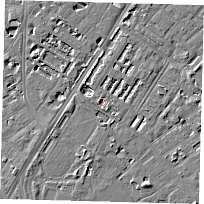 Shaded relief map of the ground around SE114AS, computed from Environment Agency LiDAR. The ground here sits at about 2 m above sea level and falls 6 m across the surrounding 800 m. Surface water reaching this point runs off ground lying to the south-south-east, 2.8 m higher.