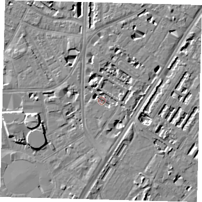 Shaded relief map of the ground around SE114AW, computed from Environment Agency LiDAR. The ground here sits at about 3 m above sea level and falls 9 m across the surrounding 800 m. Surface water reaching this point runs off ground lying to the east-north-east, 2.9 m higher.