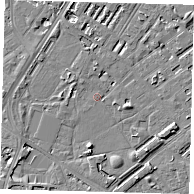 Shaded relief map of the ground around SE114AX, computed from Environment Agency LiDAR. The ground here sits at about 3 m above sea level and falls 8 m across the surrounding 800 m. Surface water reaching this point runs off ground lying to the south, 6.3 m higher.