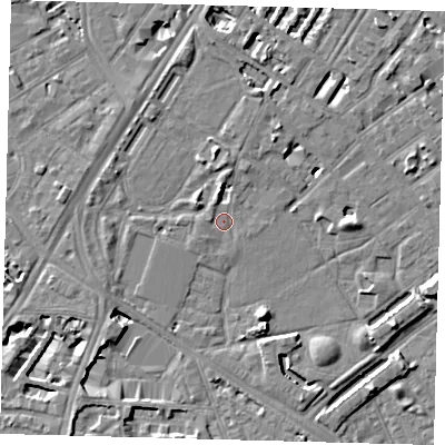 Shaded relief map of the ground around SE114BE, computed from Environment Agency LiDAR. The ground here sits at about 3 m above sea level and falls 8 m across the surrounding 800 m. Surface water reaching this point runs off ground lying to the north-north-west, 1.1 m higher.