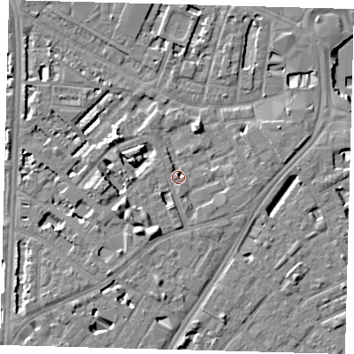 Shaded relief map of the ground around SE114BF, computed from Environment Agency LiDAR. The ground here sits at about 4 m above sea level and falls 7 m across the surrounding 800 m. Surface water reaching this point runs off ground lying to the south-west, 3.8 m higher.
