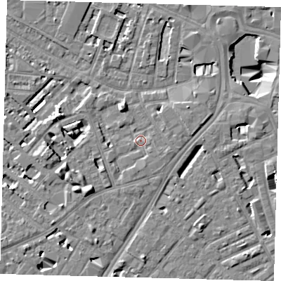 Shaded relief map of the ground around SE114BG, computed from Environment Agency LiDAR. The ground here sits at about 3 m above sea level and falls 11 m across the surrounding 800 m. Surface water reaching this point runs off ground lying to the south, 1.2 m higher.