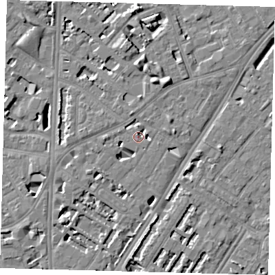Shaded relief map of the ground around SE114BJ, computed from Environment Agency LiDAR. The ground here sits at about 4 m above sea level and falls 7 m across the surrounding 800 m. Surface water reaching this point runs off ground lying to the north-north-west, 3.4 m higher.
