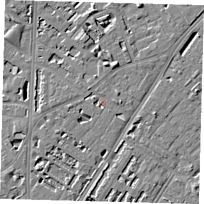 Shaded relief map of the ground around SE114BN, computed from Environment Agency LiDAR. The ground here sits at about 4 m above sea level and falls 7 m across the surrounding 800 m. Surface water reaching this point runs off ground lying to the east, 3.7 m higher.