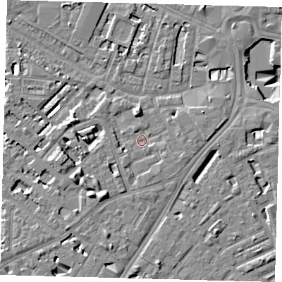 Shaded relief map of the ground around SE114BQ, computed from Environment Agency LiDAR. The ground here sits at about 3 m above sea level and falls 11 m across the surrounding 800 m. Surface water reaching this point runs off ground lying to the north, 2.4 m higher.