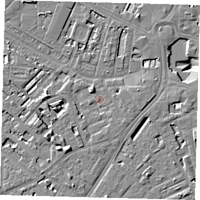 Shaded relief map of the ground around SE114BS, computed from Environment Agency LiDAR. The ground here sits at about 3 m above sea level and falls 11 m across the surrounding 800 m. Surface water reaching this point runs off ground lying to the north-west, 2.4 m higher.