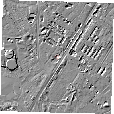 Shaded relief map of the ground around SE114BT, computed from Environment Agency LiDAR. The ground here sits at about 2 m above sea level and falls 9 m across the surrounding 800 m. Surface water reaching this point runs off ground lying to the south-south-west, 4.6 m higher.