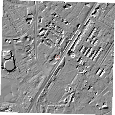 Shaded relief map of the ground around SE114BU, computed from Environment Agency LiDAR. The ground here sits at about 2 m above sea level and falls 9 m across the surrounding 800 m. Surface water reaching this point runs off ground lying to the south-south-west, 4.6 m higher.