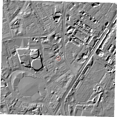 Shaded relief map of the ground around SE114DB, computed from Environment Agency LiDAR. The ground here sits at about 3 m above sea level and falls 8 m across the surrounding 800 m. Surface water reaching this point runs off ground lying to the west-south-west, 6.0 m higher.