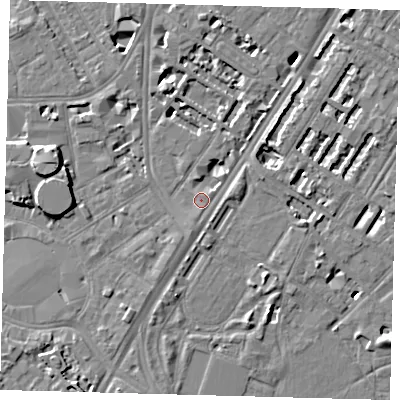 Shaded relief map of the ground around SE114DE, computed from Environment Agency LiDAR. The ground here sits at about 4 m above sea level and falls 9 m across the surrounding 800 m. Surface water reaching this point runs off ground lying to the south-south-west, 5.0 m higher.