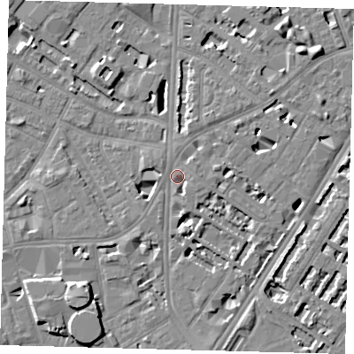 Shaded relief map of the ground around SE114DF, computed from Environment Agency LiDAR. The ground here sits at about 4 m above sea level and falls 8 m across the surrounding 800 m. Surface water reaching this point runs off ground lying to the south-west, 7.8 m higher.