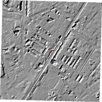 Shaded relief map of the ground around SE114DJ, computed from Environment Agency LiDAR. The ground here sits at about 4 m above sea level and falls 8 m across the surrounding 800 m. Surface water reaching this point runs off ground lying to the north-west, 2.6 m higher.