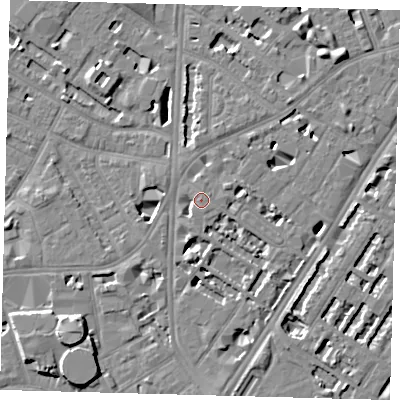 Shaded relief map of the ground around SE114DP, computed from Environment Agency LiDAR. The ground here sits at about 4 m above sea level and falls 8 m across the surrounding 800 m. Surface water reaching this point runs off ground lying to the west-south-west, 2.0 m higher.
