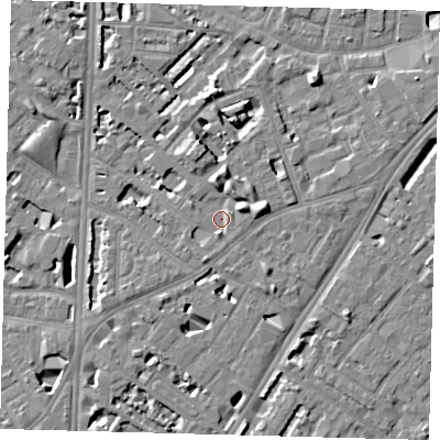 Shaded relief map of the ground around SE114DQ, computed from Environment Agency LiDAR. The ground here sits at about 4 m above sea level and falls 7 m across the surrounding 800 m. Surface water reaching this point runs off ground lying to the east-north-east, 3.3 m higher.