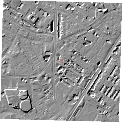 Shaded relief map of the ground around SE114DS, computed from Environment Agency LiDAR. The ground here sits at about 4 m above sea level and falls 8 m across the surrounding 800 m. Surface water reaching this point runs off ground lying to the north, 0.8 m higher.