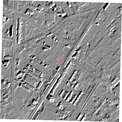 Shaded relief map of the ground around SE114EE, computed from Environment Agency LiDAR. The ground here sits at about 4 m above sea level and falls 7 m across the surrounding 800 m. Surface water reaching this point runs off ground lying to the west, 4.6 m higher.
