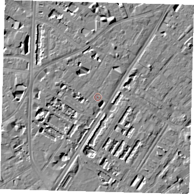 Shaded relief map of the ground around SE114EF, computed from Environment Agency LiDAR. The ground here sits at about 4 m above sea level and falls 7 m across the surrounding 800 m. Surface water reaching this point runs off ground lying to the west, 4.4 m higher.