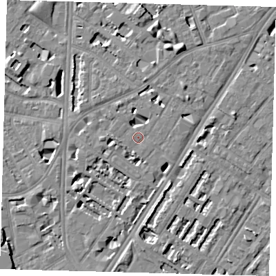 Shaded relief map of the ground around SE114EH, computed from Environment Agency LiDAR. The ground here sits at about 4 m above sea level and falls 8 m across the surrounding 800 m. Surface water reaching this point runs off ground lying to the south-south-west, 3.7 m higher.