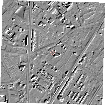 Shaded relief map of the ground around SE114EP, computed from Environment Agency LiDAR. The ground here sits at about 4 m above sea level and falls 8 m across the surrounding 800 m. Surface water reaching this point runs off ground lying to the south-south-west, 3.5 m higher.