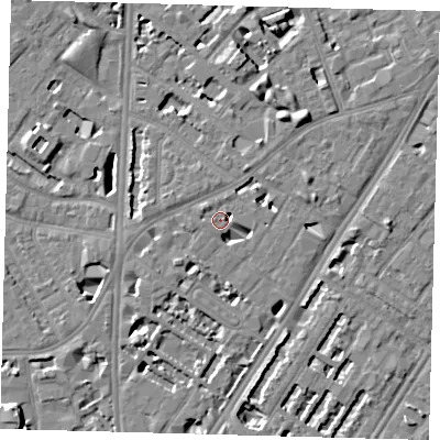 Shaded relief map of the ground around SE114ER, computed from Environment Agency LiDAR. The ground here sits at about 4 m above sea level and falls 8 m across the surrounding 800 m. Surface water reaching this point runs off ground lying to the south-south-west, 3.5 m higher.
