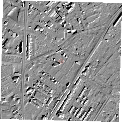 Shaded relief map of the ground around SE114ET, computed from Environment Agency LiDAR. The ground here sits at about 4 m above sea level and falls 7 m across the surrounding 800 m. Surface water reaching this point runs off ground lying to the south-west, 3.5 m higher.