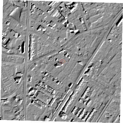 Shaded relief map of the ground around SE114EU, computed from Environment Agency LiDAR. The ground here sits at about 4 m above sea level and falls 7 m across the surrounding 800 m. Surface water reaching this point runs off ground lying to the south-west, 3.5 m higher.