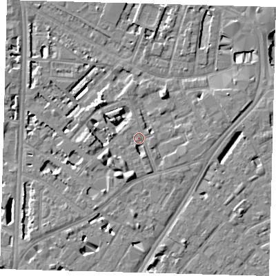 Shaded relief map of the ground around SE114FP, computed from Environment Agency LiDAR. The ground here sits at about 4 m above sea level and falls 7 m across the surrounding 800 m. Surface water reaching this point runs off ground lying to the south-south-west, 3.8 m higher.