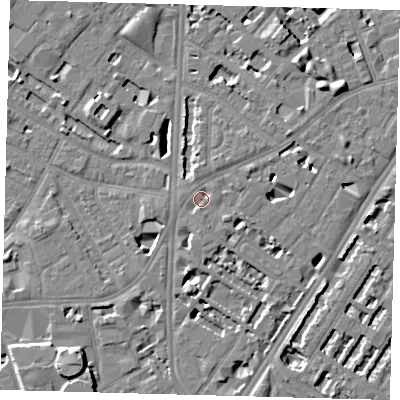 Shaded relief map of the ground around SE114HG, computed from Environment Agency LiDAR. The ground here sits at about 4 m above sea level and falls 8 m across the surrounding 800 m. Surface water reaching this point runs off ground lying to the south, 1.6 m higher.