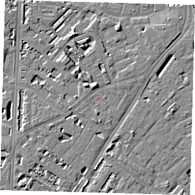 Shaded relief map of the ground around SE114HP, computed from Environment Agency LiDAR. The ground here sits at about 4 m above sea level and falls 7 m across the surrounding 800 m. Surface water reaching this point runs off ground lying to the south, 1.5 m higher.
