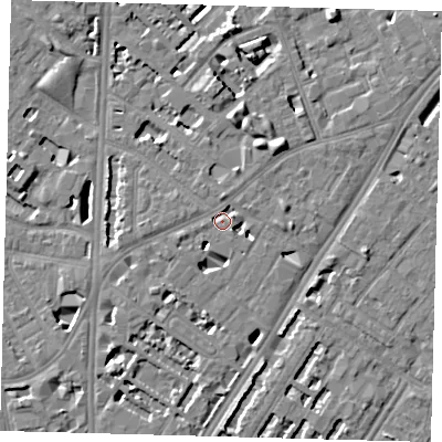 Shaded relief map of the ground around SE114HQ, computed from Environment Agency LiDAR. The ground here sits at about 4 m above sea level and falls 7 m across the surrounding 800 m. Surface water reaching this point runs off ground lying to the east, 3.7 m higher.