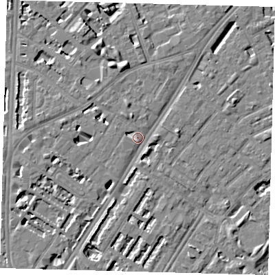 Shaded relief map of the ground around SE114HU, computed from Environment Agency LiDAR. The ground here sits at about 4 m above sea level and falls 7 m across the surrounding 800 m. Surface water reaching this point runs off ground lying to the west-south-west, 4.6 m higher.